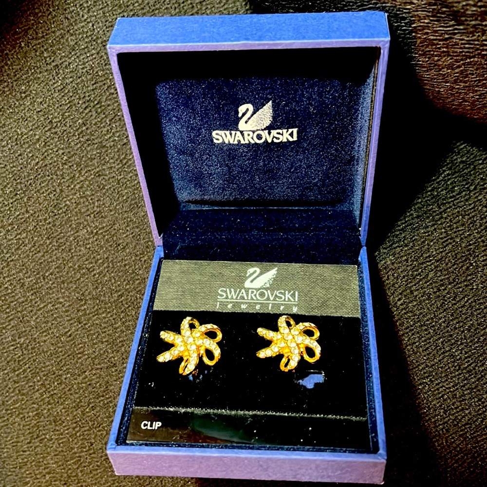New Swarovski Crystal Clip Gold Tone Earrings